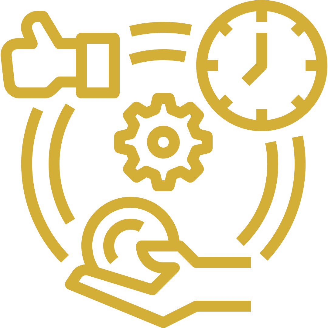 Goldenes Icon mit einen Zahnrad, einer Uhr, Daumen Hoch und einer Hand.