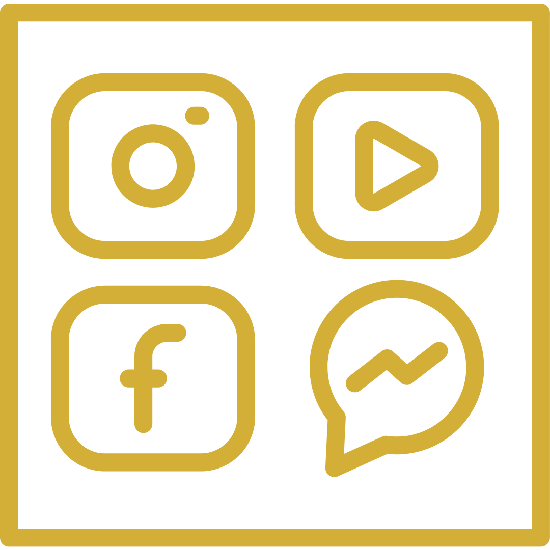Goldenes Icon mit Youtube, Facebook, Instagram und Sprechblasen Box.