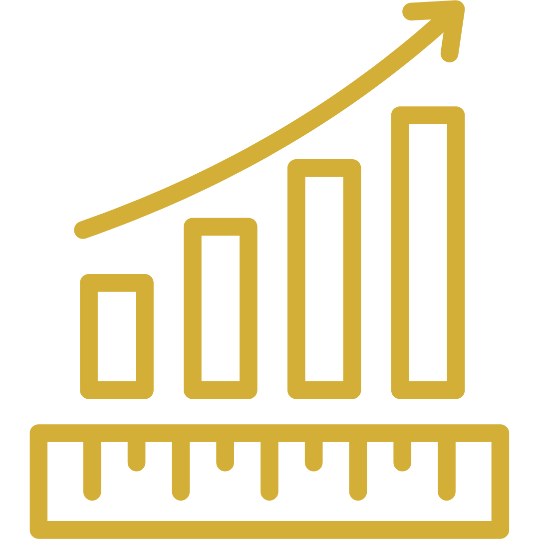 Goldenes Icon eines Säulendiagramms mit aufsteigenden Trend.