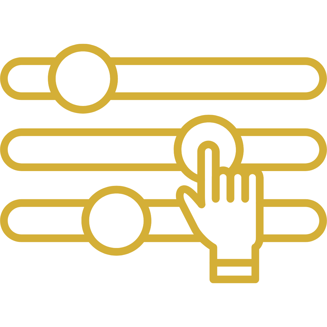 Goldenes Icon von 3 Reglerbalken und einer Hand die den mittleren einstellt.